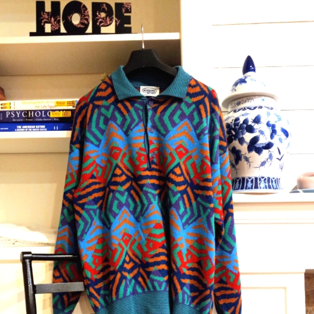 Missoni Multicolor Geometric V-Neck Sweater — Blue, Teal, Red, Orange, Purple